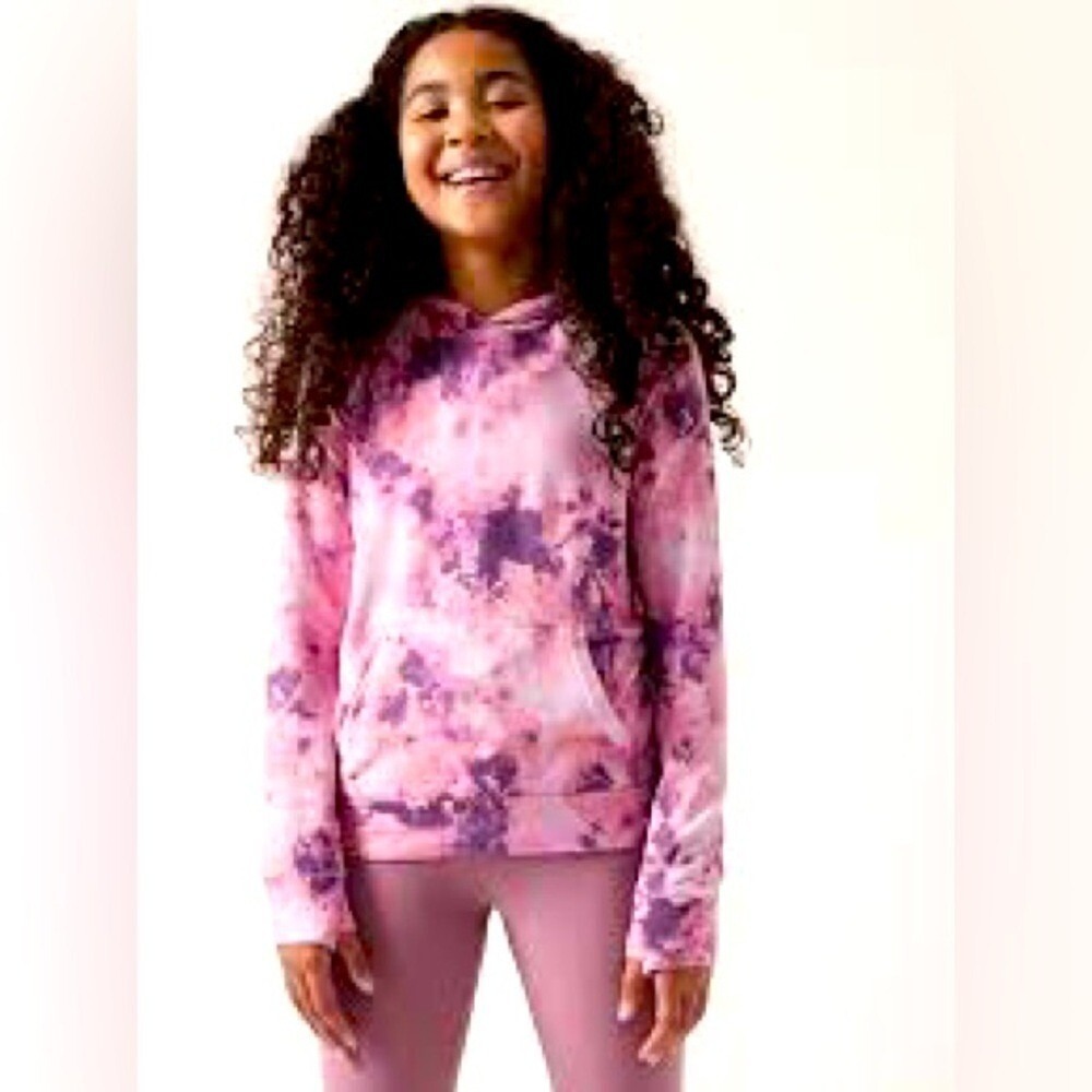 Athleta Girl Hoodie Kids XXL 16 Pink Purple Tie Dye Fleece Lined Pullover